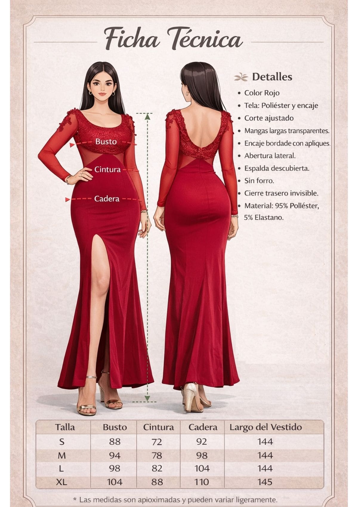 Vestido Elegante Katty con manga Larga / S-M-L-XL